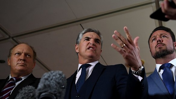 Katter's Australia Party Queensland MPs (from left) Shane Knuth, Robbie Katter and Nick Dametto refused to denounce KAP senator Fraser Anning's first speech to federal Parliament. 