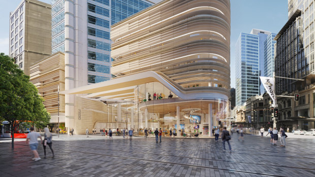 Renders of the retail podium and street level entrance of 388 George Street, Sydney.