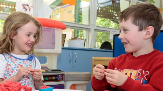 Sunday Times. Turner School preschool students Ruth Norrish and Dylan Manley do indoor play based learning. 5 December 2013. Canberra Times photo by Jeffrey Chan.