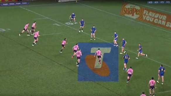 Barrett believed Penrith’s Casey McLean (second from left) was offside when Nathan Cleary put up a high kick. The Panthers scored from the same play.
