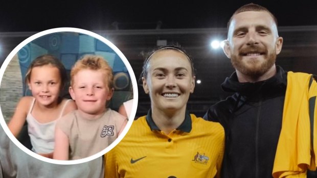 Matildas star Caitlin Foord with close friend Jackson Hastings at a game in Newcastle earlier this year. Inset, the pair as children on the NSW South Coast.
