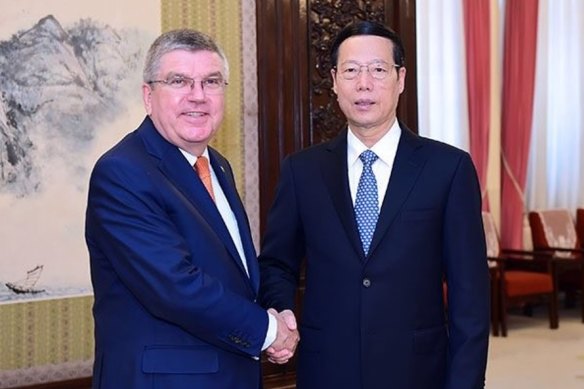 Zhang Gaoli, the former Chinese vice-premier accused of sexually assaulting Peng Shuai, with IOC President Thomas Bach. 