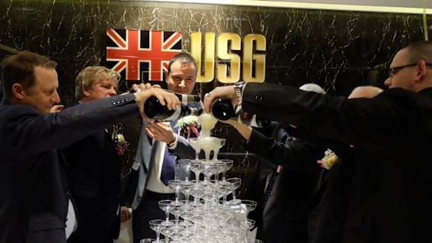 USGFX’s Hong Kong launch in 2018. From left: Shuriken’s Andrew Jeffers, USG director John Martin, USG chief executive Shay Zakhaim. Justice Wigney awarded a $131 million fine against the group on Thursday.
