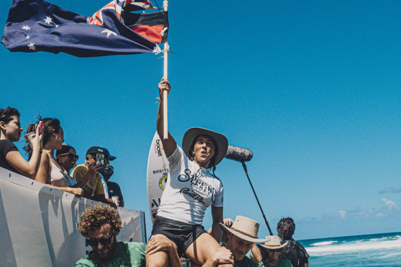 Sally Fitzgibbons celebrates a record-breaking win in Puerto Rico.