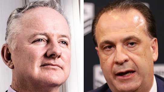 Channel Nine CEO Hugh Marks, ARLC chairman Peter V'landys and Foxtel boss Patrick Delany. 