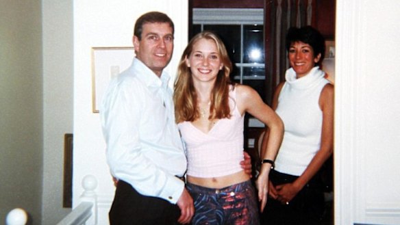 The photo in question: Prince Andrew with Virginia Roberts (now Giuffre) at the London townhouse of Ghislaine Maxwell, on right. 