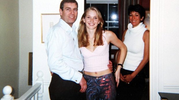 Prince Andrew pictured with Virginia Roberts in 2001 at the townhouse of Ghislaine Maxwell, right, in London. 