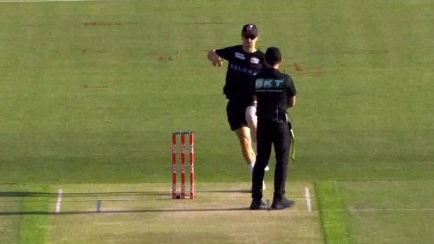 Sydney Sixers bowler Tom Curran runs at an umpire before a BBL match this month.