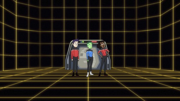 Ensign Brad Boimler (Jack Quaid), Ensign Tendi (Noel Wells) and Ensign Beckett Mariner (Tawny Newsome) on the holodeck in Star Trek: Lower Decks.