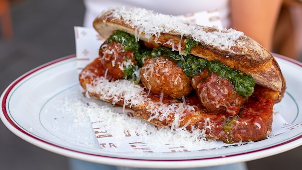 Mortadeli’s meatball sub with basil pesto and parmigiano.