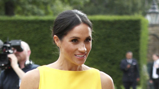 Hello, yellow ... Meghan, the Duchess of Sussex, wearing a Brandon Maxwell dress at an event in London on Thursday.