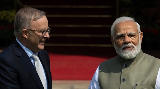 Prime Minister Anthony Albanese and Indian counterpart Narendra Modi in March. The Indian leader arrived in Australia on Monday.