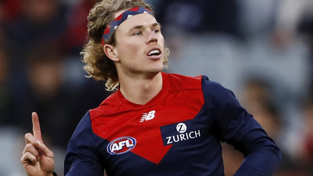 Jayden Hunt celebrates a goal during the round nine clash between the Demons and the Blues at the MCG.