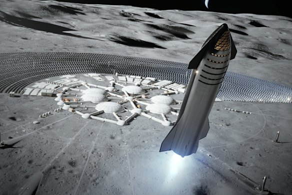 Official SpaceX artist renderings of a colony on Mars involving the Starship rocket.