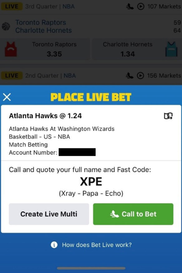 An example of a Fast Code provided in Sportsbet. 