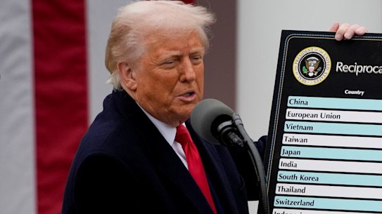 US President Donald Trump holds a reciprocal tariffs poster.
