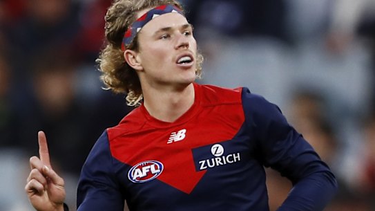Jayden Hunt celebrates a goal during the round nine clash between the Demons and the Blues at the MCG.
