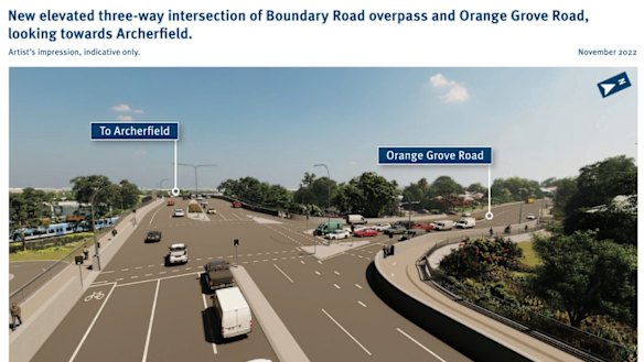 An artist’s impression of the overpass to remove the rail crossing at Coopers Plains.