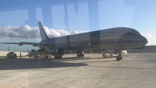 The broken down air force jet that brought Jacinda Ardern to Australia, parked on the tarmac at Melbourne.