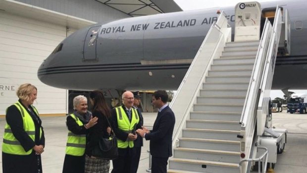 Prime Minister Jacinda Ardern arriving in Australia on the air force jet which broke down.