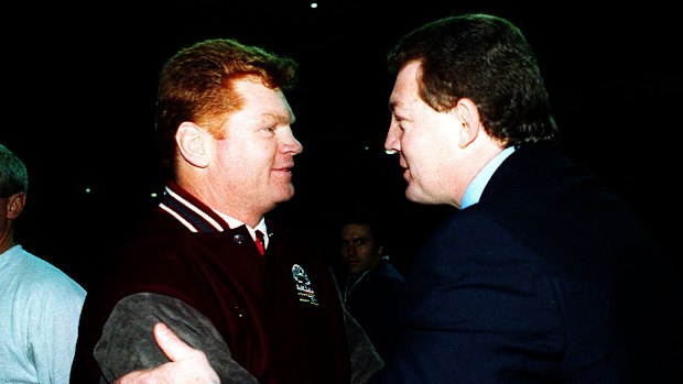 NSW coach Phil Gould congratules Queensland coach Paul Vautin on a remarkable series victory in 1995.