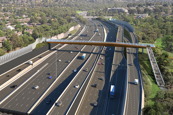 A dramatically widened Eastern Freeway – shown here with more than 20 lanes – is part of the North East Link project.