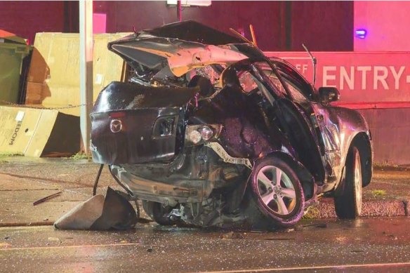 The mangled wreckage of the Mazda 3, one of the vehicles involved in the fatal crash in Tempe on Friday night. 