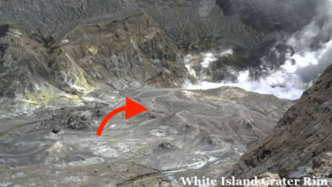 The arrow indicates people were on Whakaari or White Island, in the Bay of Plenty, on New Zealand's North Island coast, when the volcano erupted on Monday. 