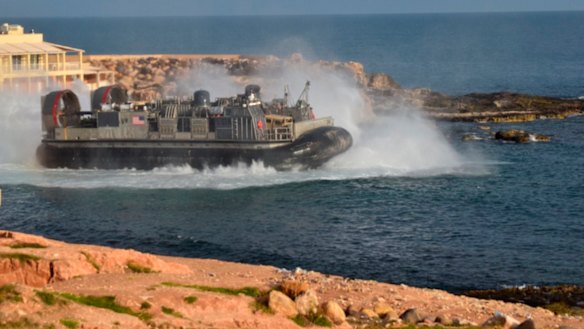 A US amphibious hovercraft departs with evacuees from Janzur, west of Tripoli, on Sunday.