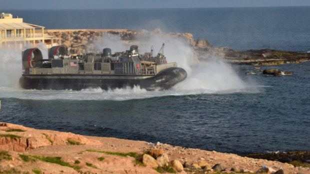 A US amphibious hovercraft departs with evacuees from Janzur, west of Tripoli, on Sunday.