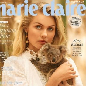 Elyse Knowles and koala joey Tink on the latest issue of Marie Claire.