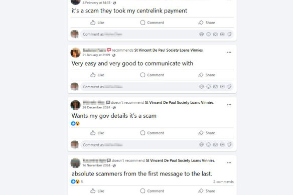 Reviews by Facebook users who say that they fell victim to no-interest loan scams on the platform via a page impersonating the St Vincent de Paul Society.