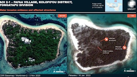 The built and natural environments covered in ash in Fafaa Village, Tonga.