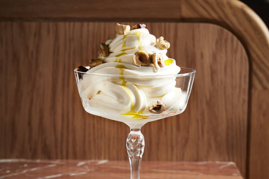 Jersey milk soft-serve with extra virgin olive oil and hazelnuts.