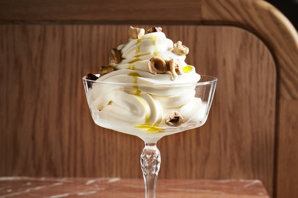Jersey milk soft-serve with extra virgin olive oil and hazelnuts.