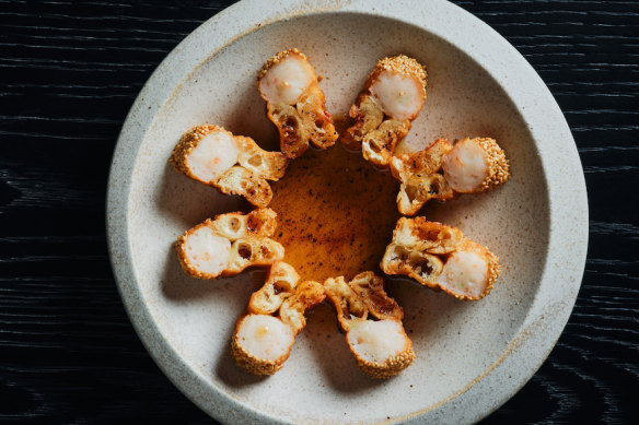 Prawn toast with Chinese doughnut and chilli amazu.