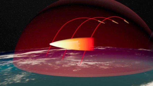 A computer image taken from a Russian propaganda video showing how the Avangard hypersonic vehicle evades missile defences.
