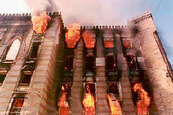 The Bosnian National Library in Sarajevo in flames during the Balkan conflict in 1992.