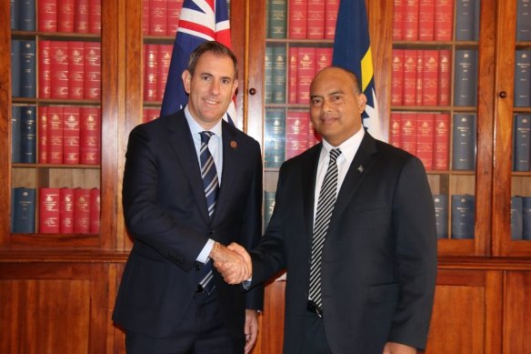 Nauru President David Adeang (right) met with Treasurer Jim Chalmers in Melbourne. 