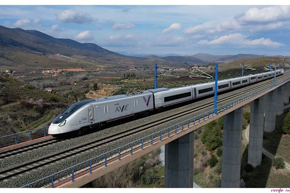 Um trem rápido AVE da Renfe em movimento.
