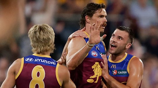 oe Daniher of the Lions celebrates a goal during the 2024 AFL First Elimination Final match between the Brisbane Lions and the Carlton Blues at The Gabba on September 07, 2024 in Brisbane, Australia. (Photo by Russell Freeman/AFL Photos via Getty Images)