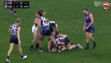 Sam Switkowski has been referred directly to the Tribunal after being charged with serious misconduct against Collingwood’s Jack Ginnivan. Photo: Fox Footy