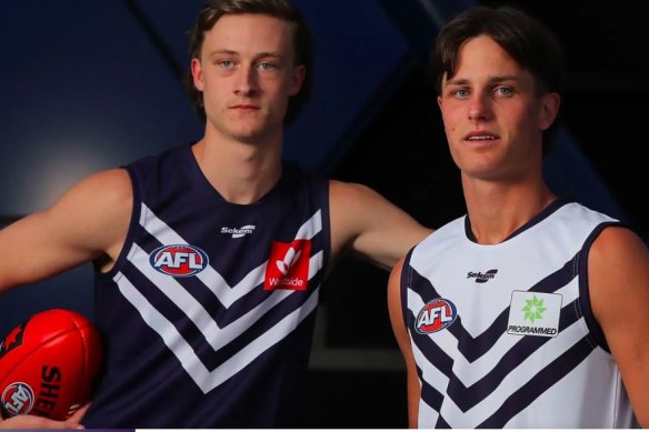 Jye Amiss and Neil Erasmus after being selected by Fremantle in the AFL national draft.