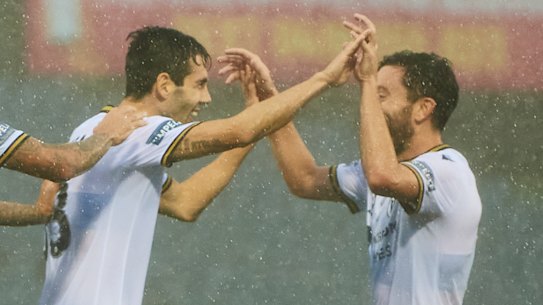 Markel Susaeta celebrates after scoring the goal that put Macarthur FC in front on the stroke of half-time.