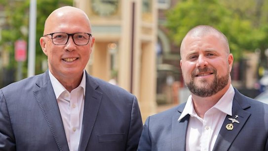 Opposition Leader Peter Dutton with the former Liberal candidate for Whitlam, Benjamin Britton, in January.