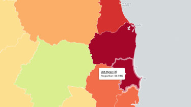 Taylor Fry's map shows that Byron Bay's businesses are in the red, with 60 per cent receiving JobKeeper payments, the most in the country. 