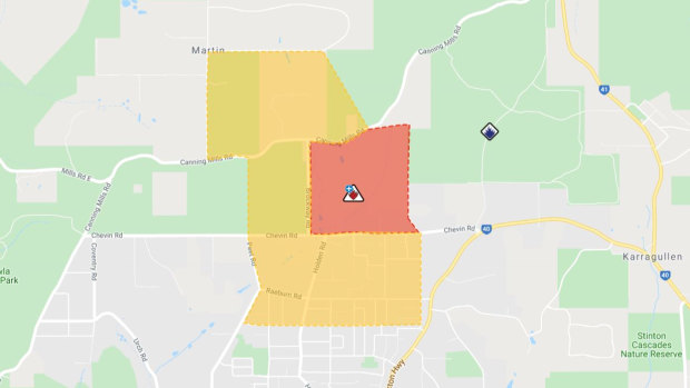The Roleystone fire warning zone at noon on Friday December 13.
