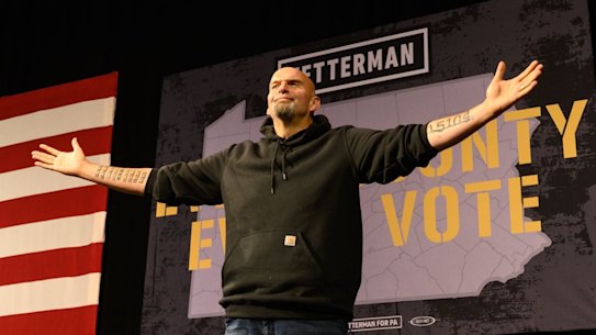 John Fetterman, lieutenant governor of Pennsylvania and Democratic senate candidate, arrives on stage during a campaign rally in Erie.
