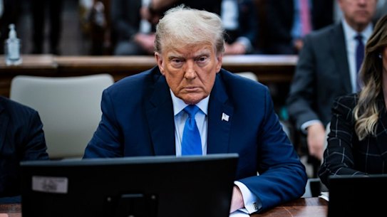 Former US President Donald Trump, center, during a trial at New York State Supreme Court in New York, US, on Monday, Nov. 6, 2023. Former US President Donald Trump is facing off against New York Attorney General Letitia James in a contentious civil trial that threatens his control over his real estate empire in the state. Photographer: Jabin Botsford/The Washington Post/Bloomberg