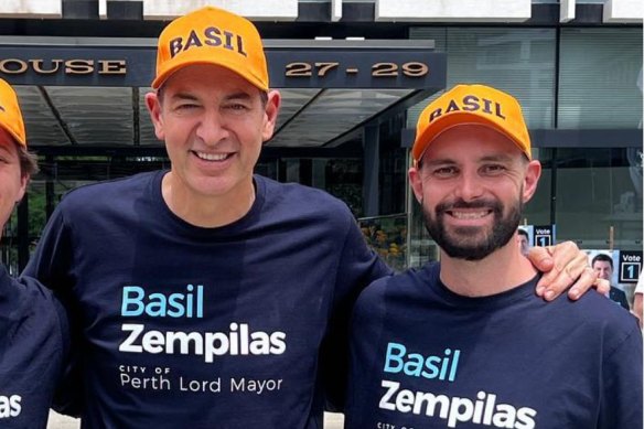 Basil Zempilas and Ammo Marketing founder Cam Sinclair (right) during Zempilas’ Perth mayoral campaign in 2023.